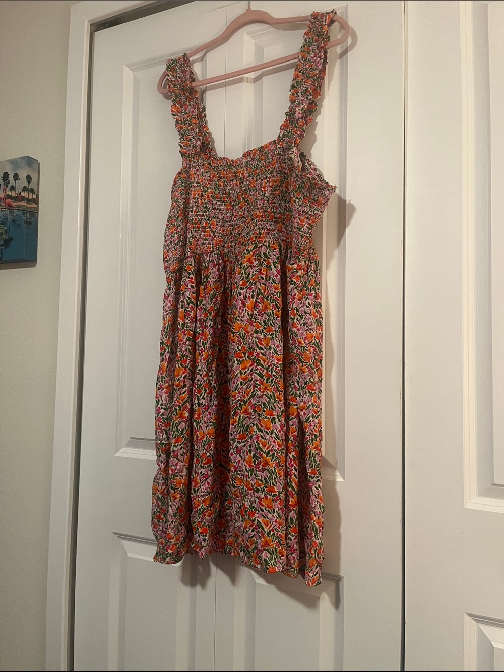 Womens Pink Floral Smocked Sundress